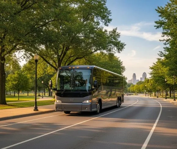 Luxury charter bus driving on tree-lined road with city skyline in distance Luxury charter bus driving on tree-lined road with city skyline in distance