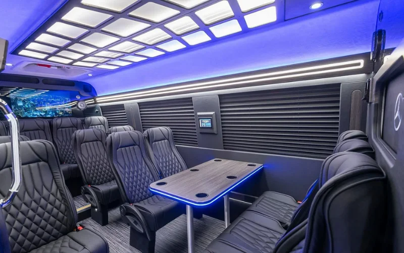 Luxury sprinter van interior for private group shuttle service in Columbus