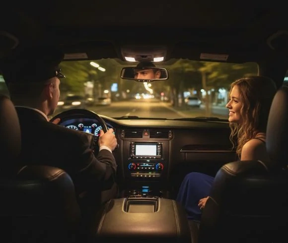 Professional chauffeur driving calmly as a prom student enjoys safe evening ride