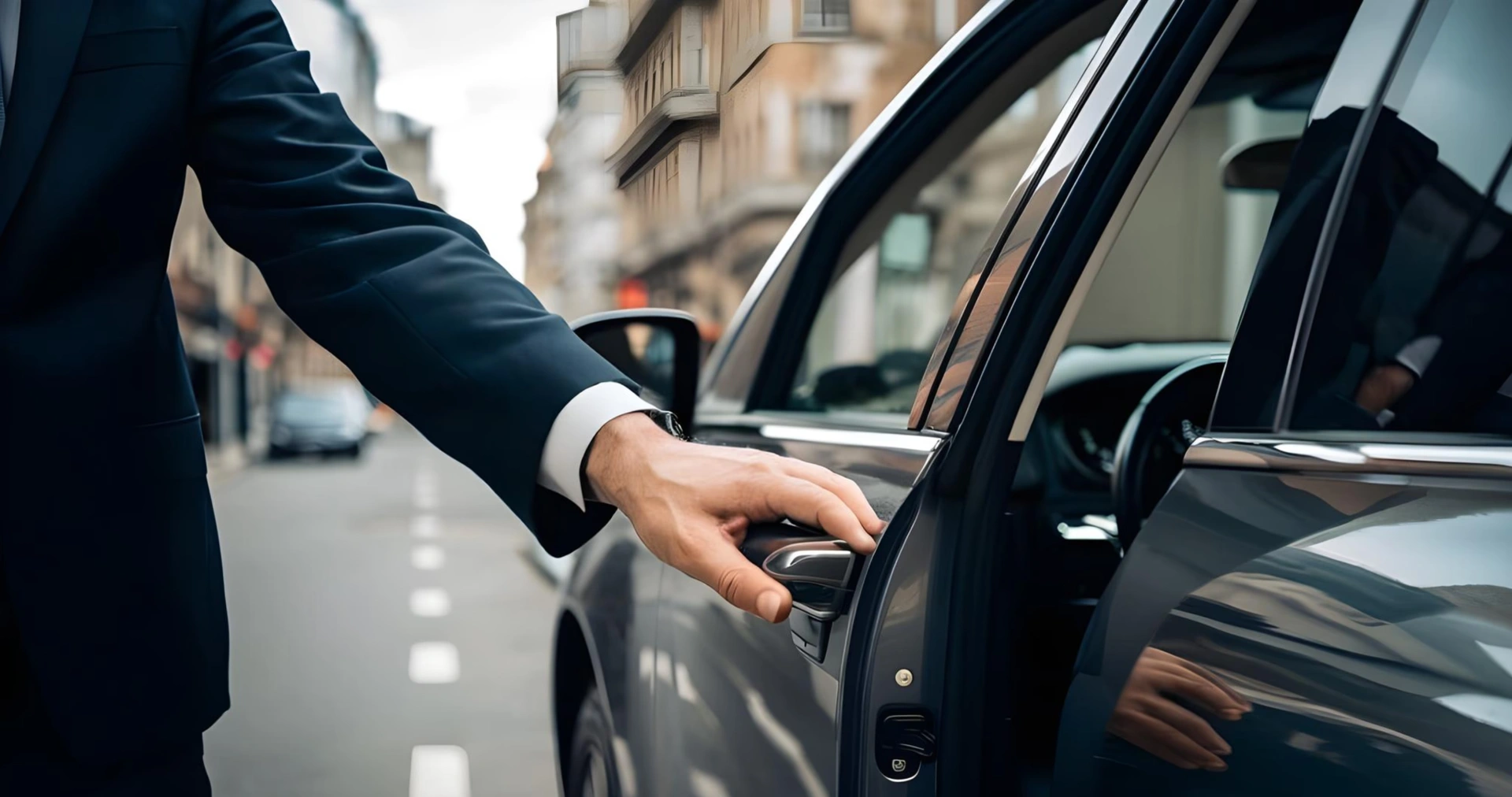 Professional chauffeur opening luxury sedan door in Columbus. Professional chauffeur opening luxury sedan door in Columbus.