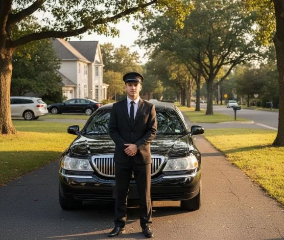 Professional chauffeur standing beside a luxury sedan for Columbus car service