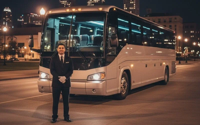 Professional chauffeur standing in front of luxury coach bus at night in city