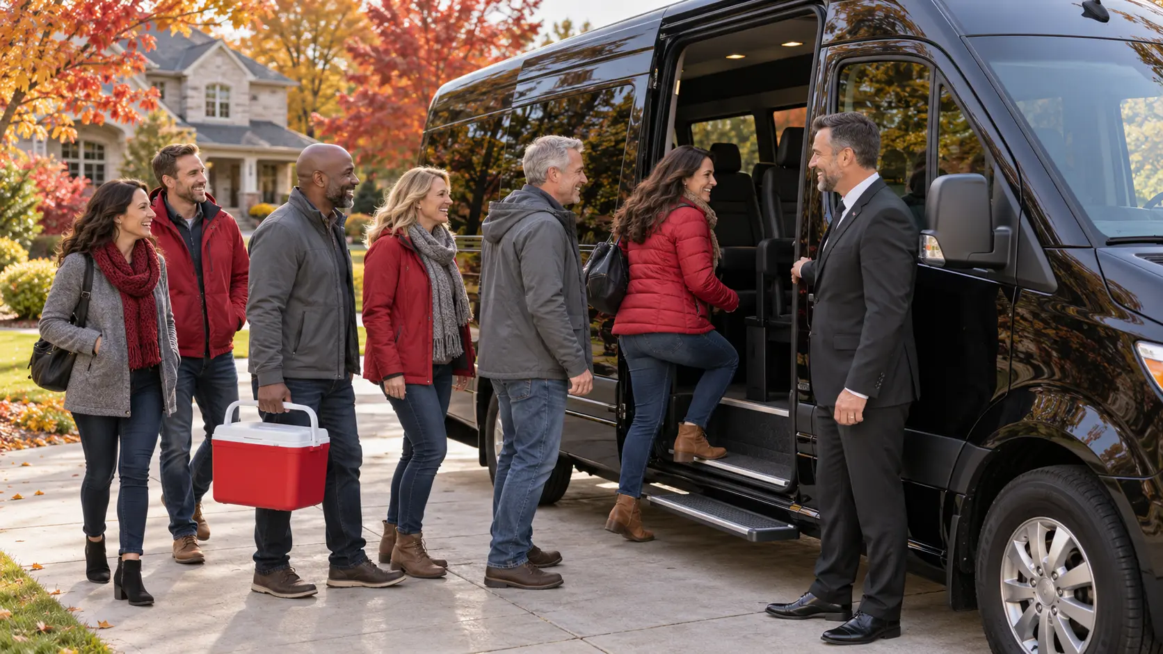 Chauffeur in a black suit opening the door of a Sprinter van for a group of football fans