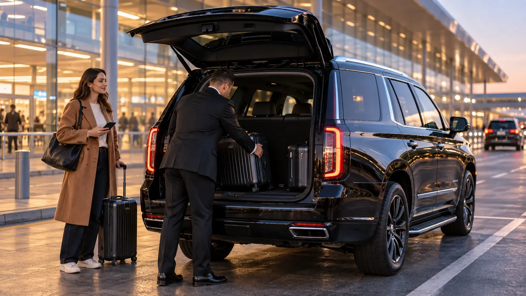 Chauffeur loading luggage into a black SUV for a traveler at the Columbus airport arrivals curb