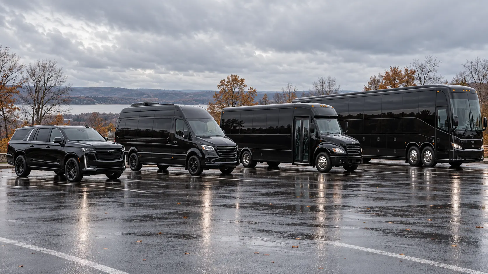 Black SUV, Sprinter van, minibus and motor coach lined up for large group transportation in Columbus