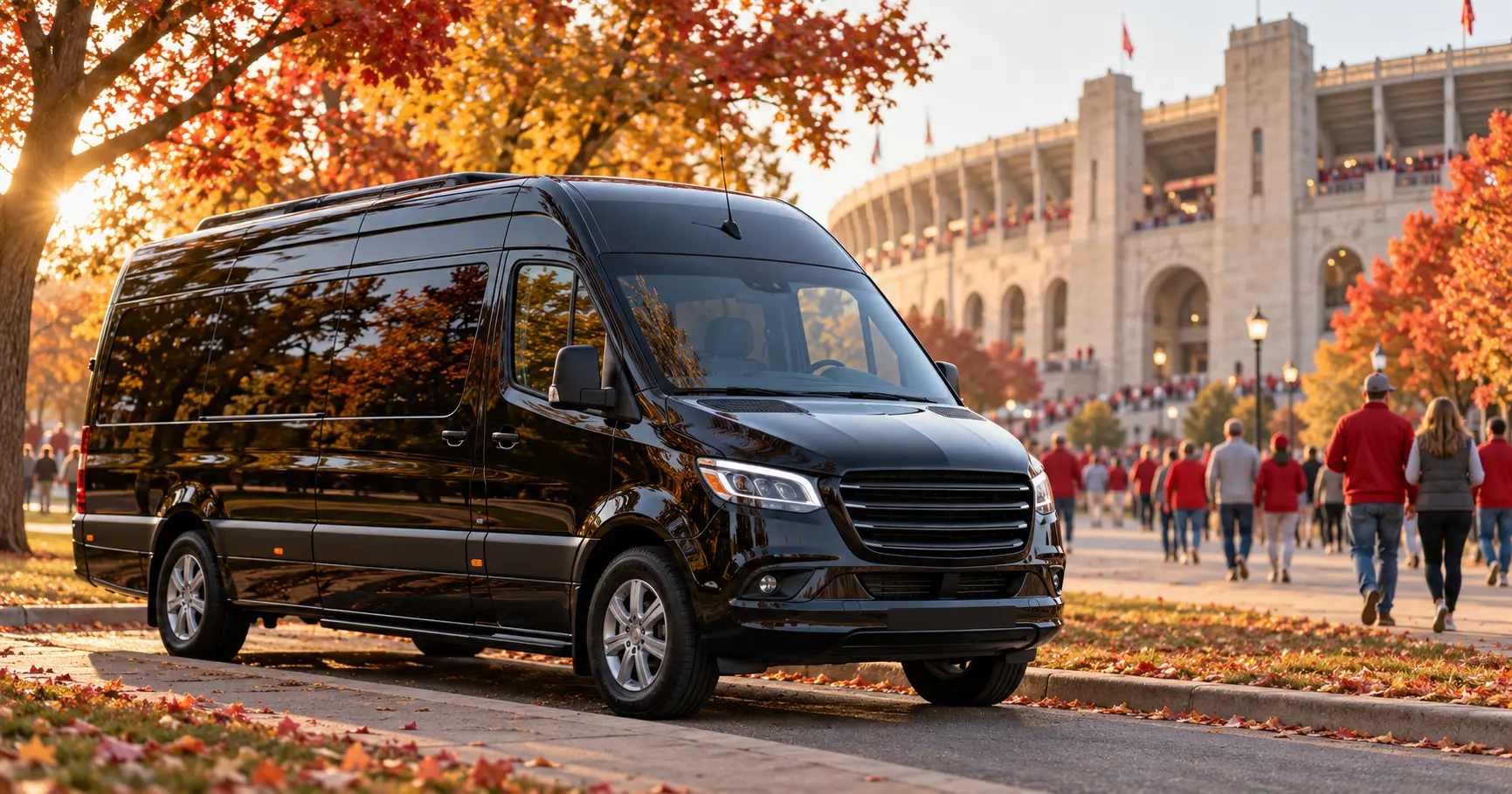 Black Mercedes Sprinter van parked near a college football stadium on game day in Columbus